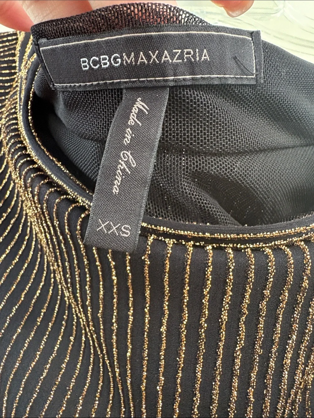 BCBGMaxAzria Brown Metallic-Striped Long Sleeve Cowl Dress - Picture 3 of 7